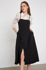 Astraea Black Slit Hem Midi Dress
