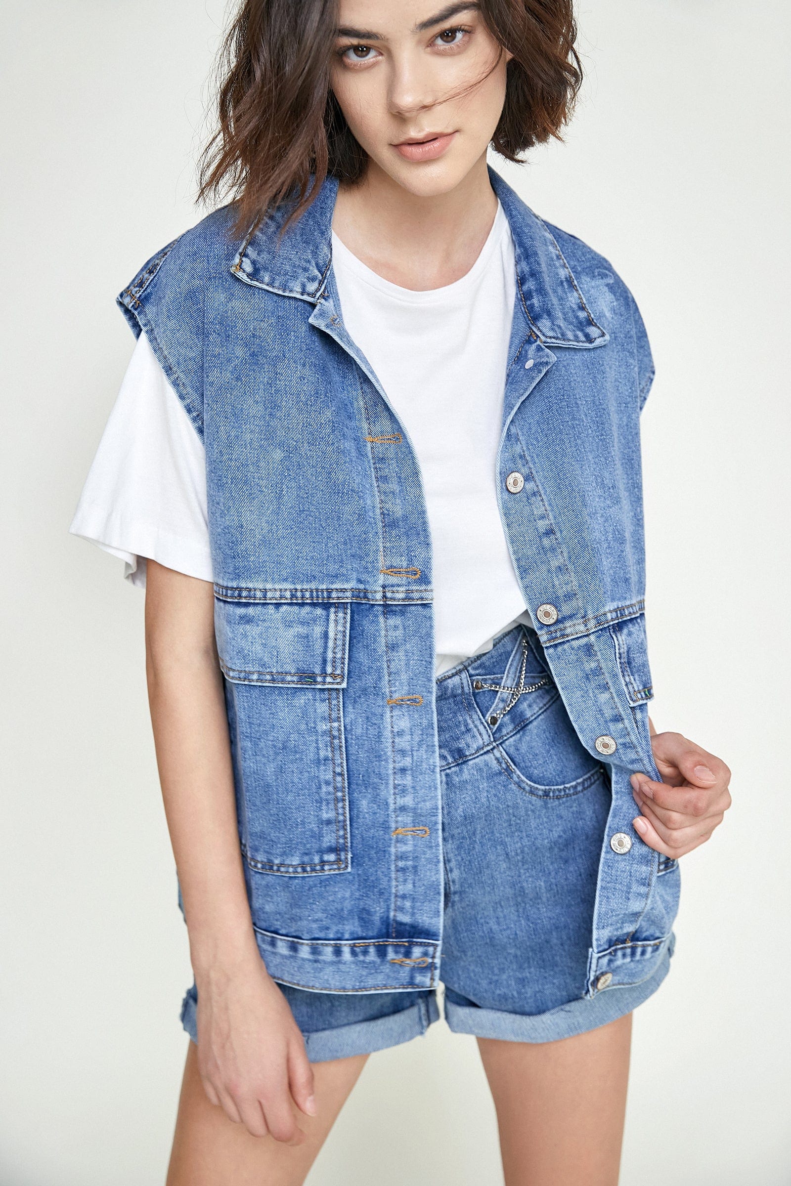 Steel Blue Collared Flap Pocket Button Front Denim Vest