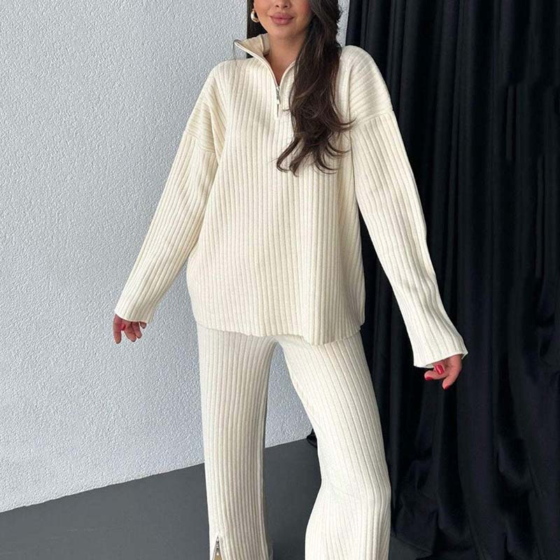 Cozy Ribbed Knit with Slit-Leg Pants(Two-Piece Set)