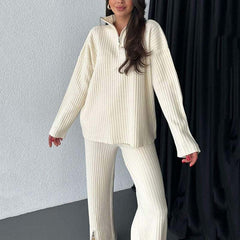 Cozy Ribbed Knit with Slit-Leg Pants(Two-Piece Set)