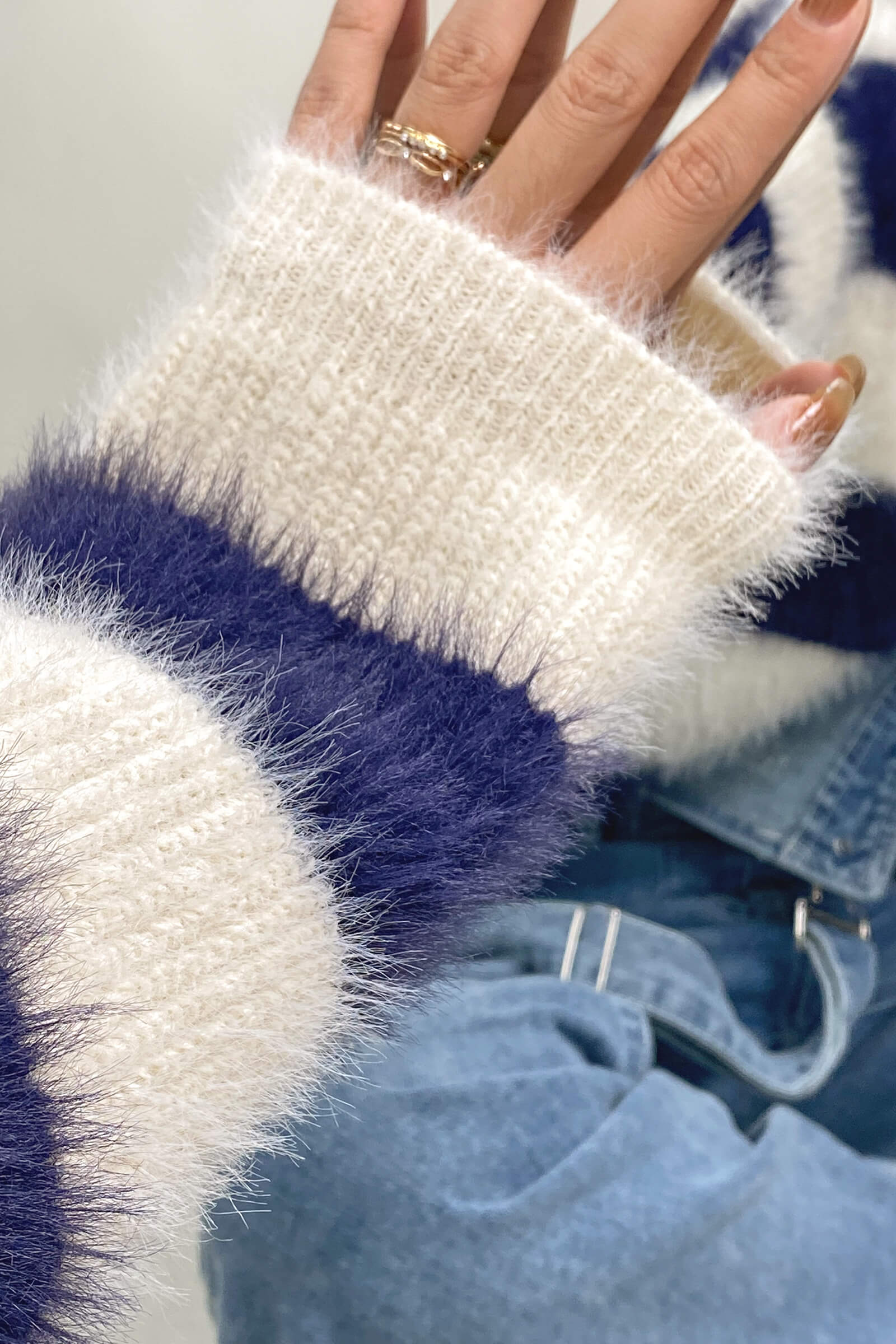 Dark Blue Striped Button-Up Fuzzy Knit Cardigan