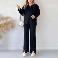 Cozy Ribbed Knit with Slit-Leg Pants(Two-Piece Set)