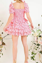 Pink Floral Print Bow-Tie Tiered Mini Dress