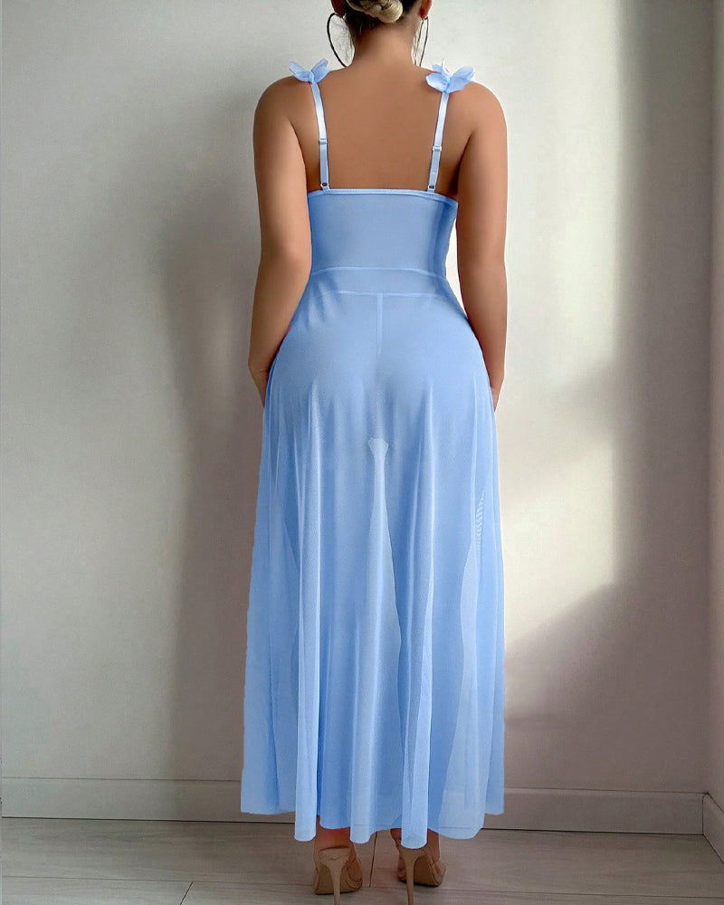 Low-Cut Floral See-Through Mesh Suspender Maxi Dress Set
