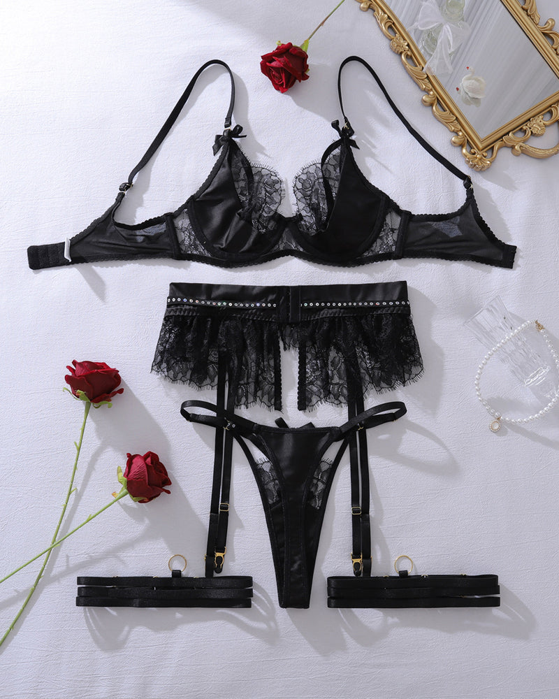 Lace Hollow See-Through Gathered Lingerie Set