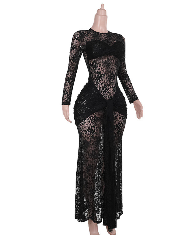 Form-fitting Lace Bodycon Long-sleeved Round Neck Dress