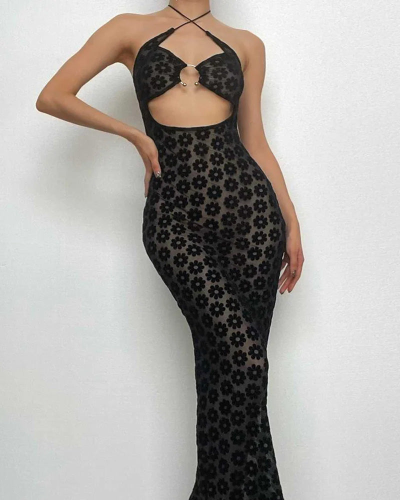 Women's Mesh Elegant Flower Suspender Hollow Long Dress