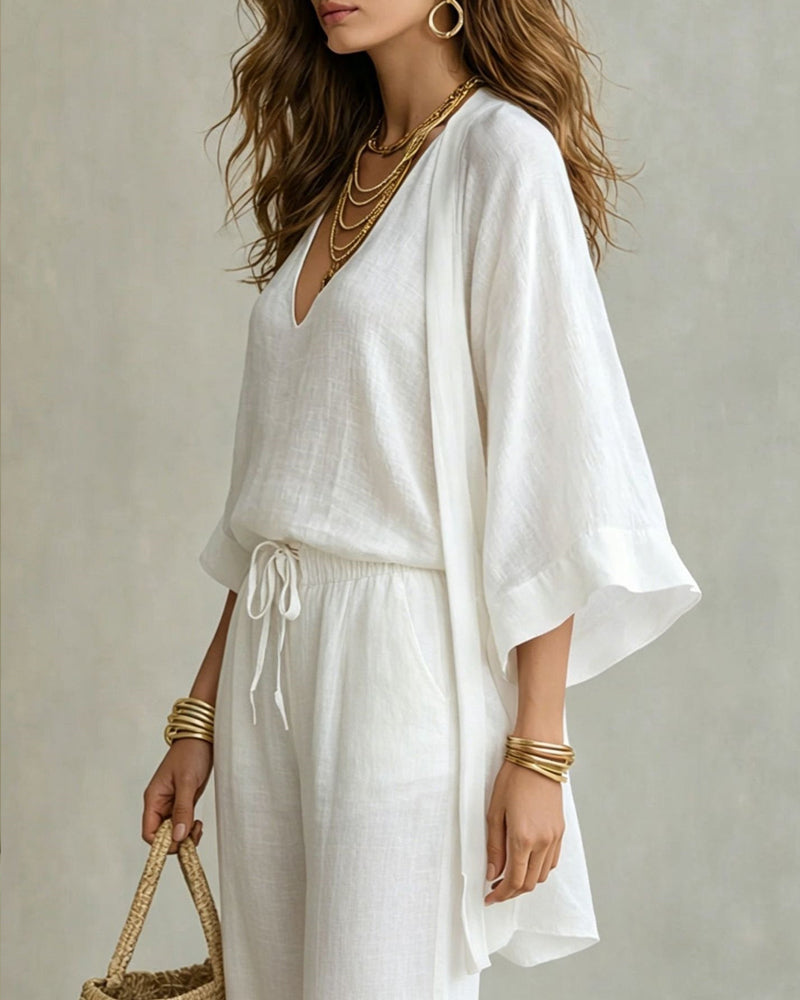 Casual Loose Cotton Linen Sleeveless Vest, Wide-leg Pants and Cardigan Three-piece Set