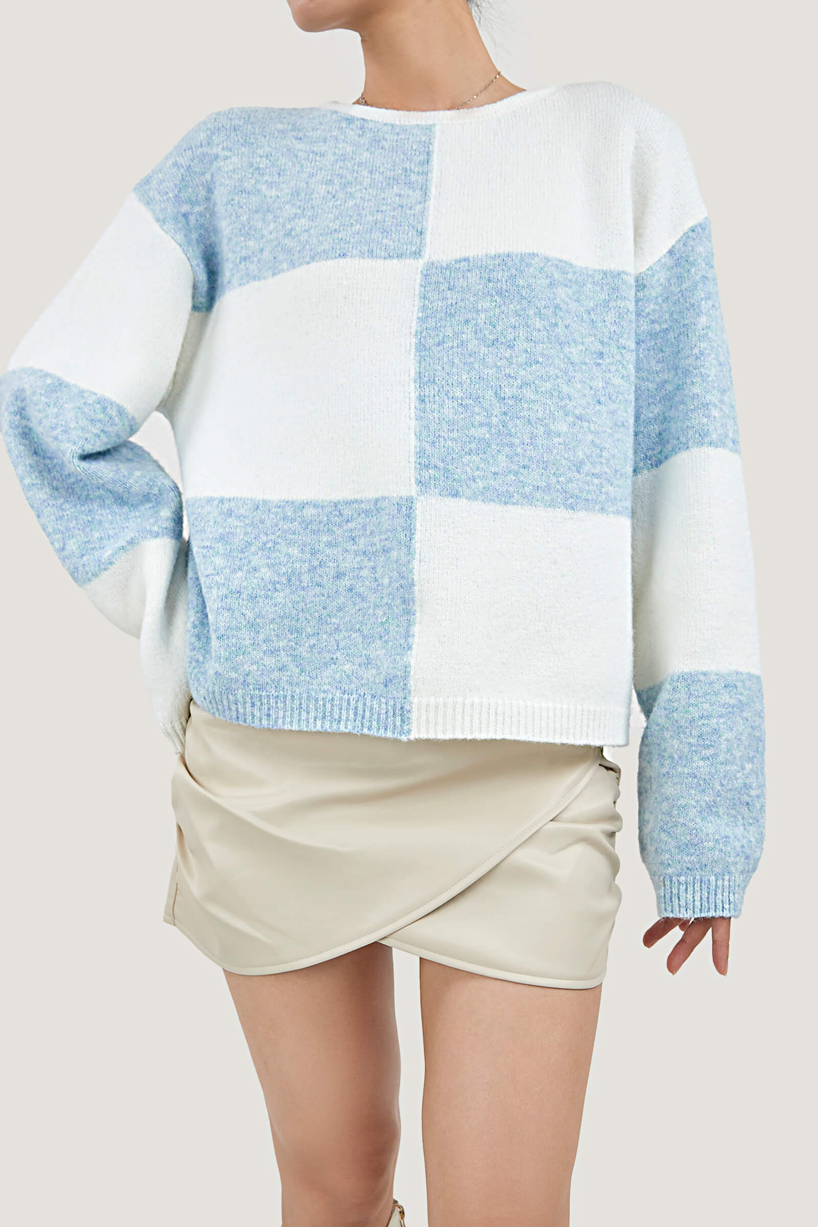 Light Sky Blue Cozy Crew Neck Plaid Sweater