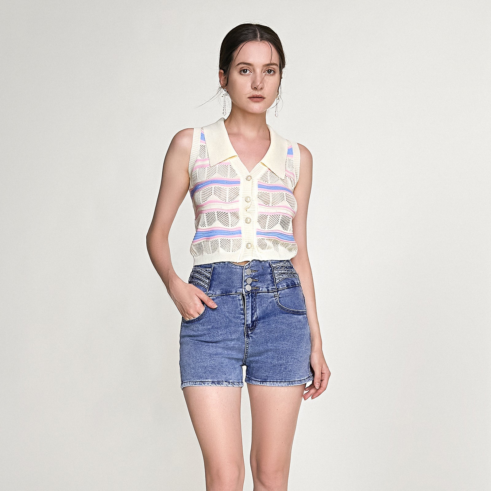 Ivory Striped Button-Up Knitted Collar Vest