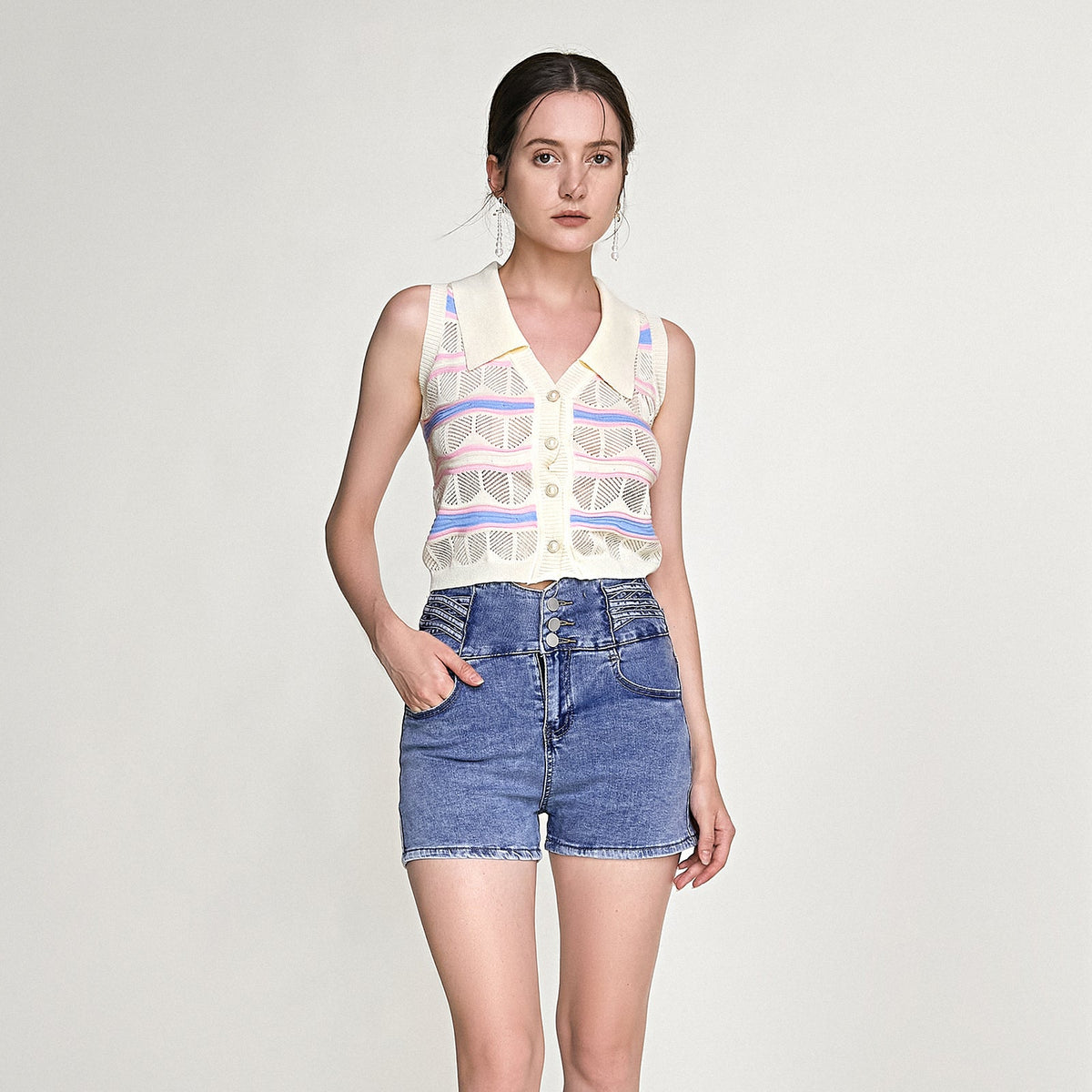 Ivory Striped Button-Up Knitted Collar Vest