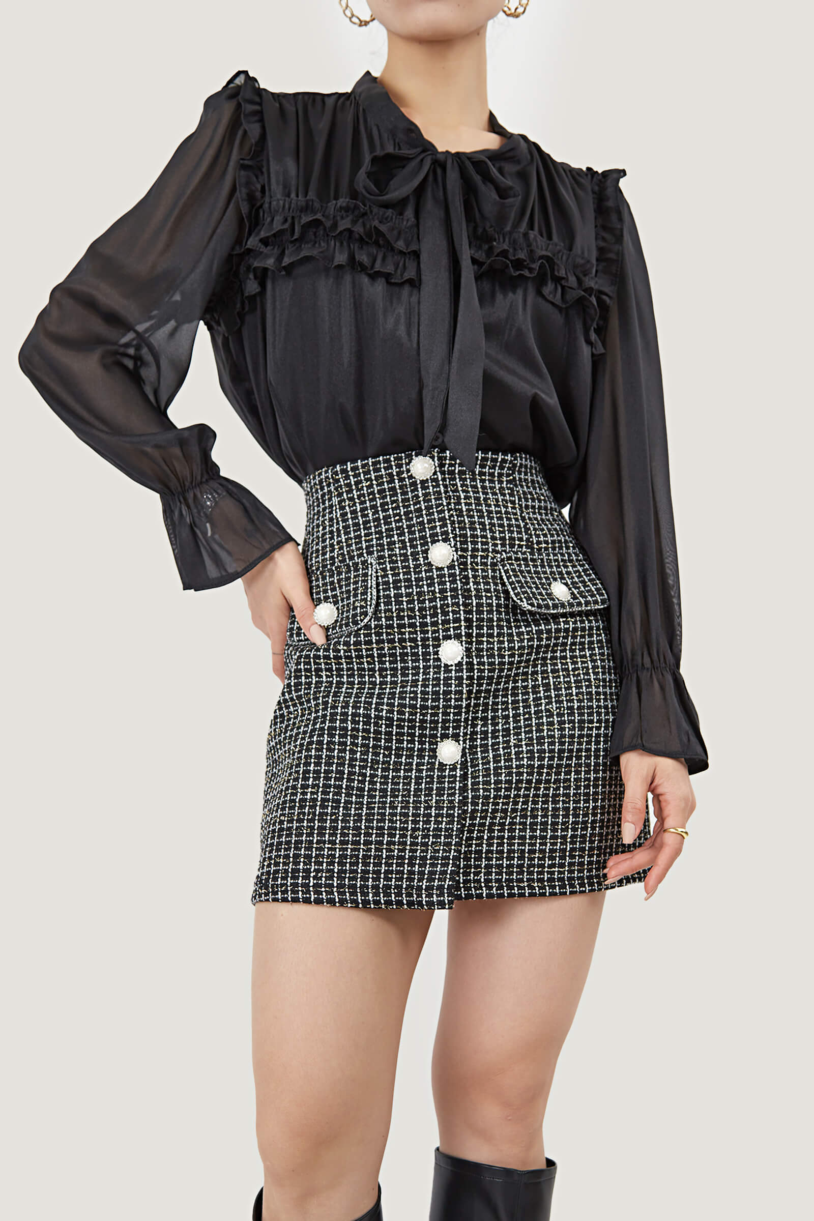Tie-Neck Ruffle Pleated  Blouse
