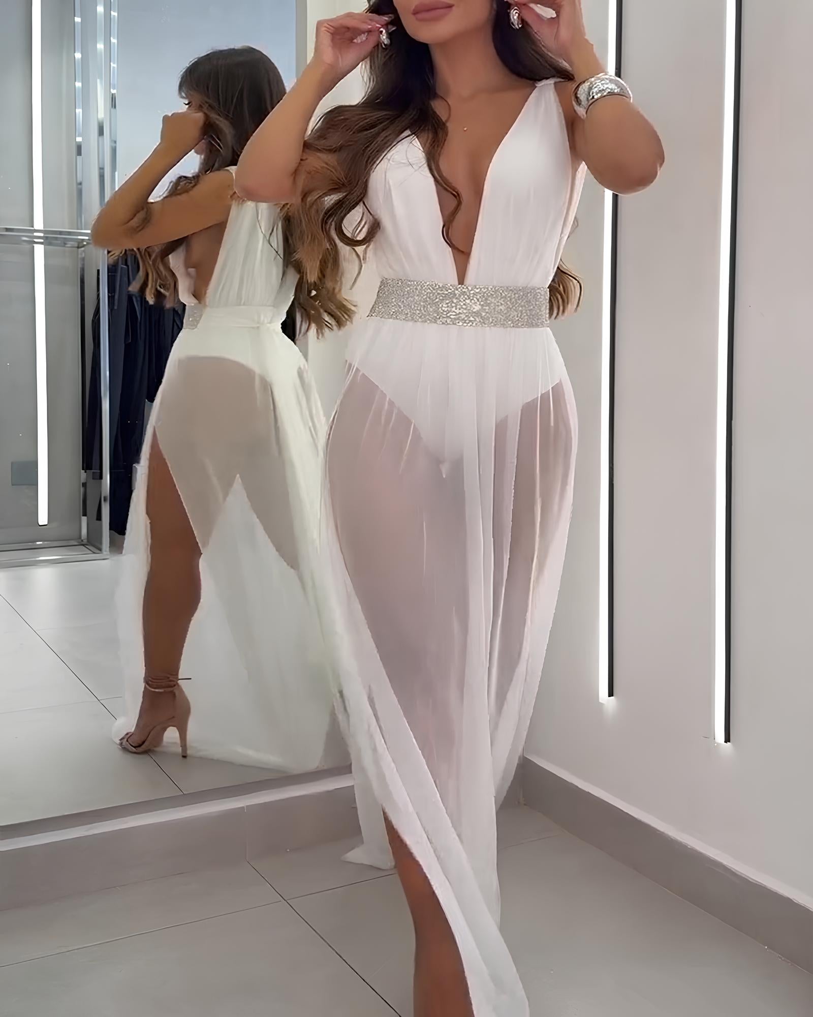Deep V Sleeveless White Mesh Slit Long Beach Vacation Dress
