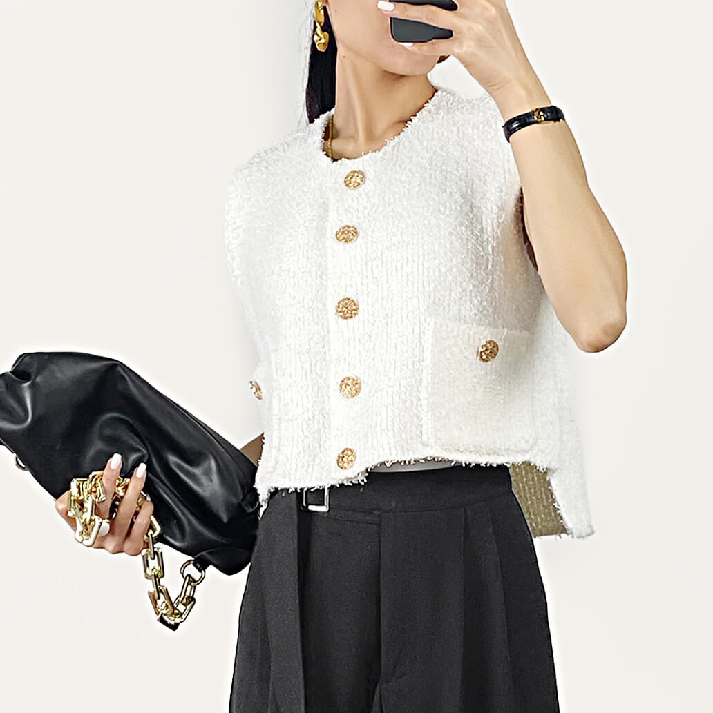 White Pocket Detail Gold Button Cropped Knitted Vest