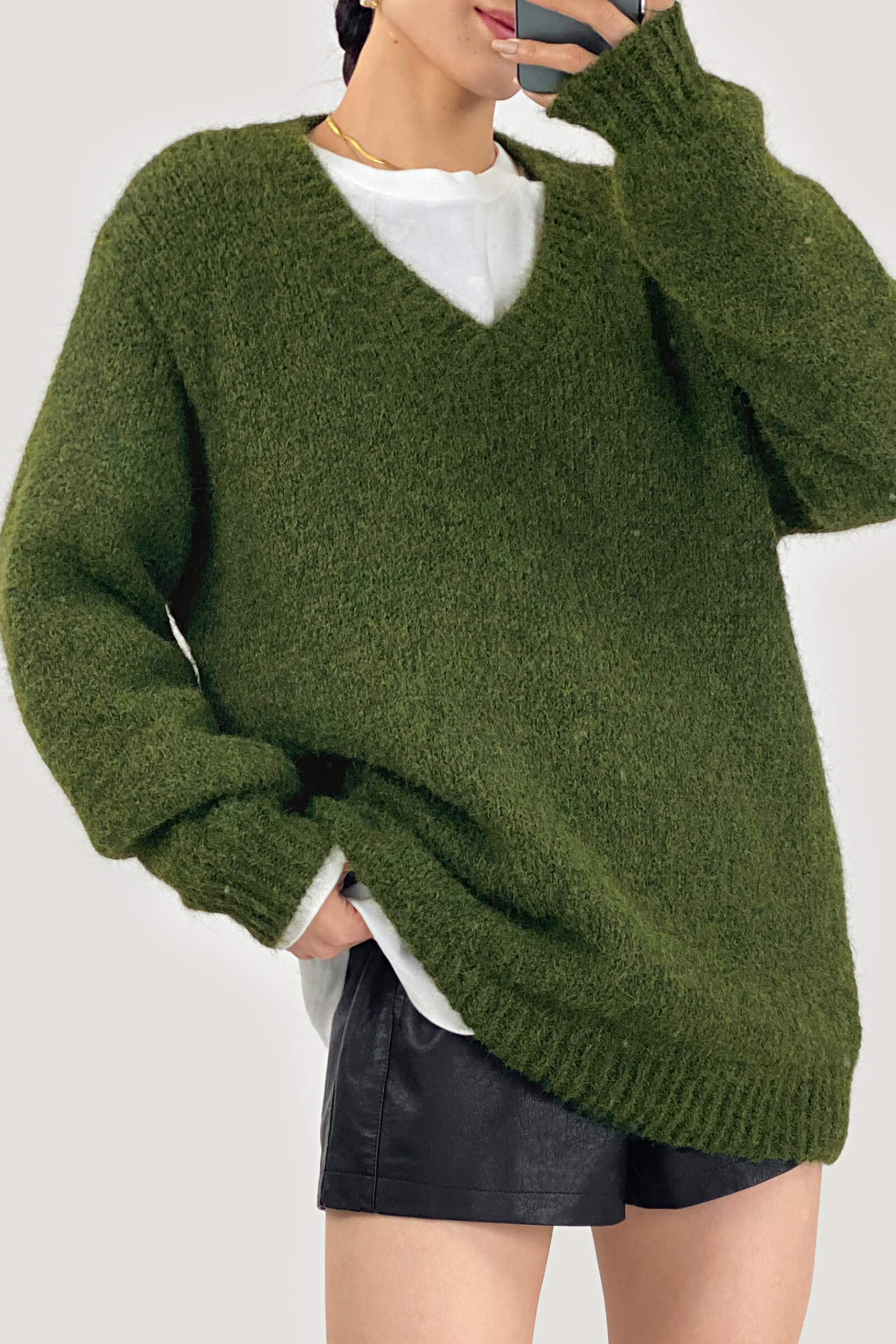 Dark Olive GreenFuzzy Knit V-Neck Oversized Sweater