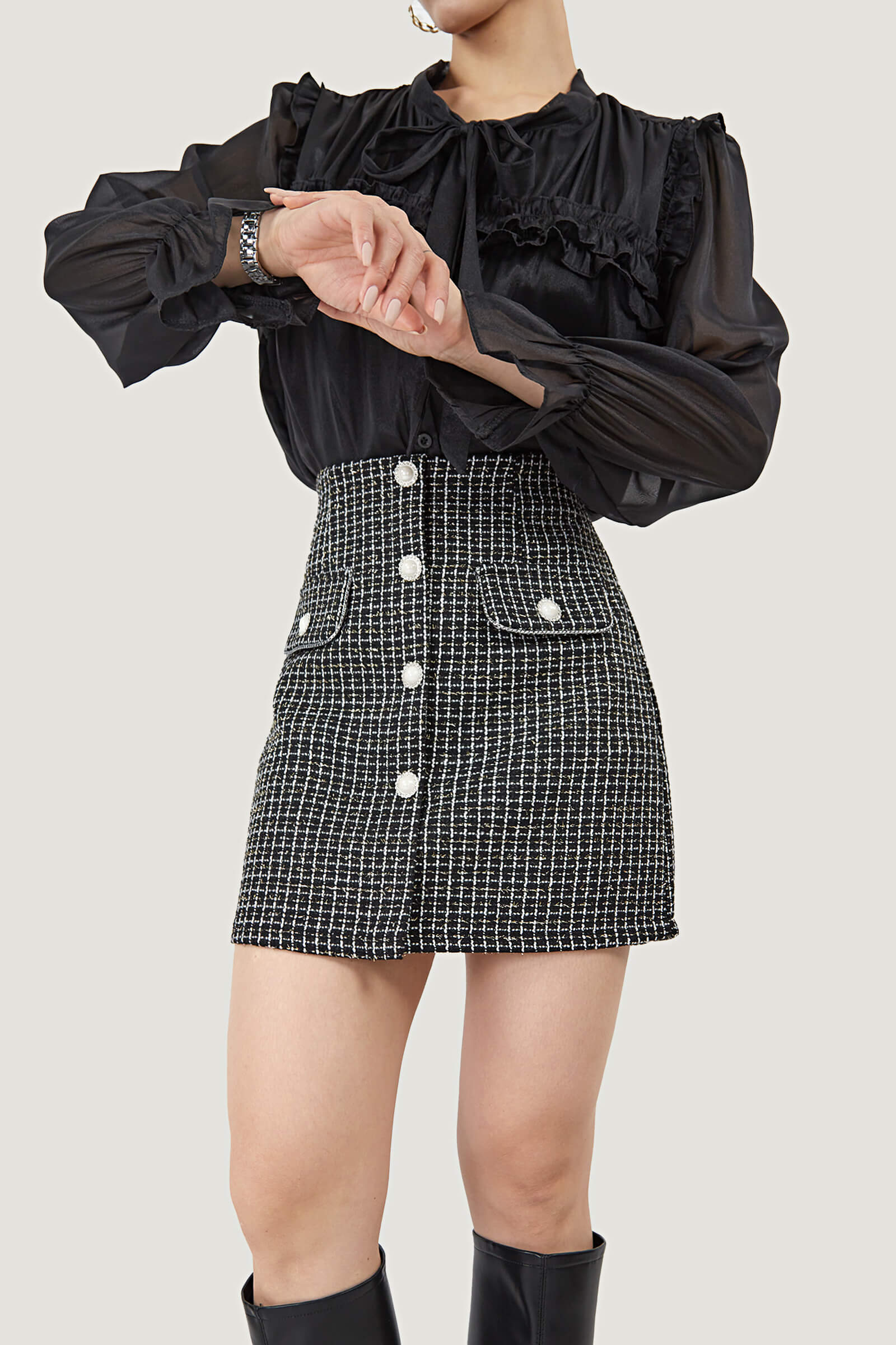 Tie-Neck Ruffle Pleated  Blouse