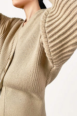 Tan Balloon Sleeve Ribbed Knit Cardigan