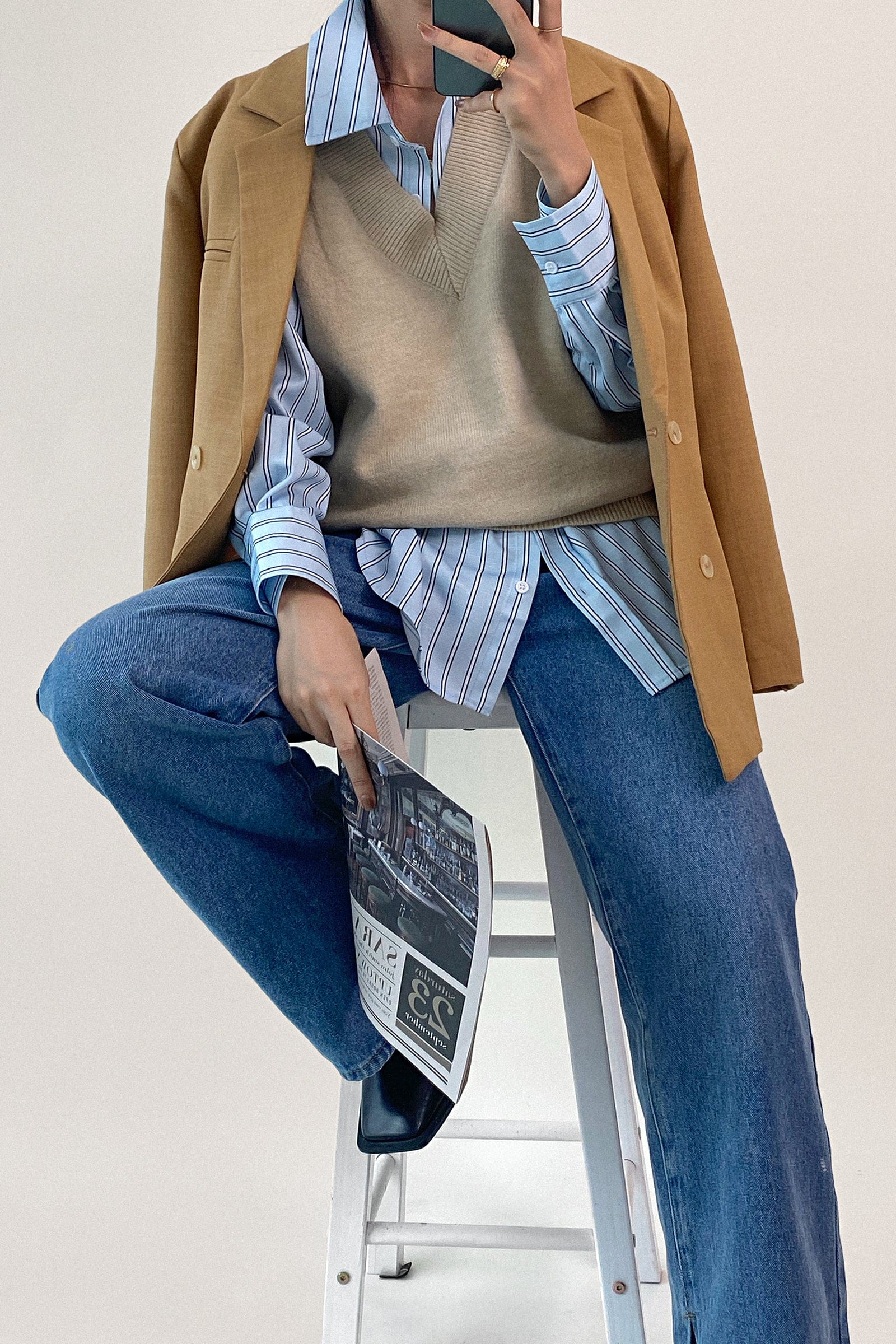 Light Blue Striped Pocket Button-Up Long Sleeve Shirt