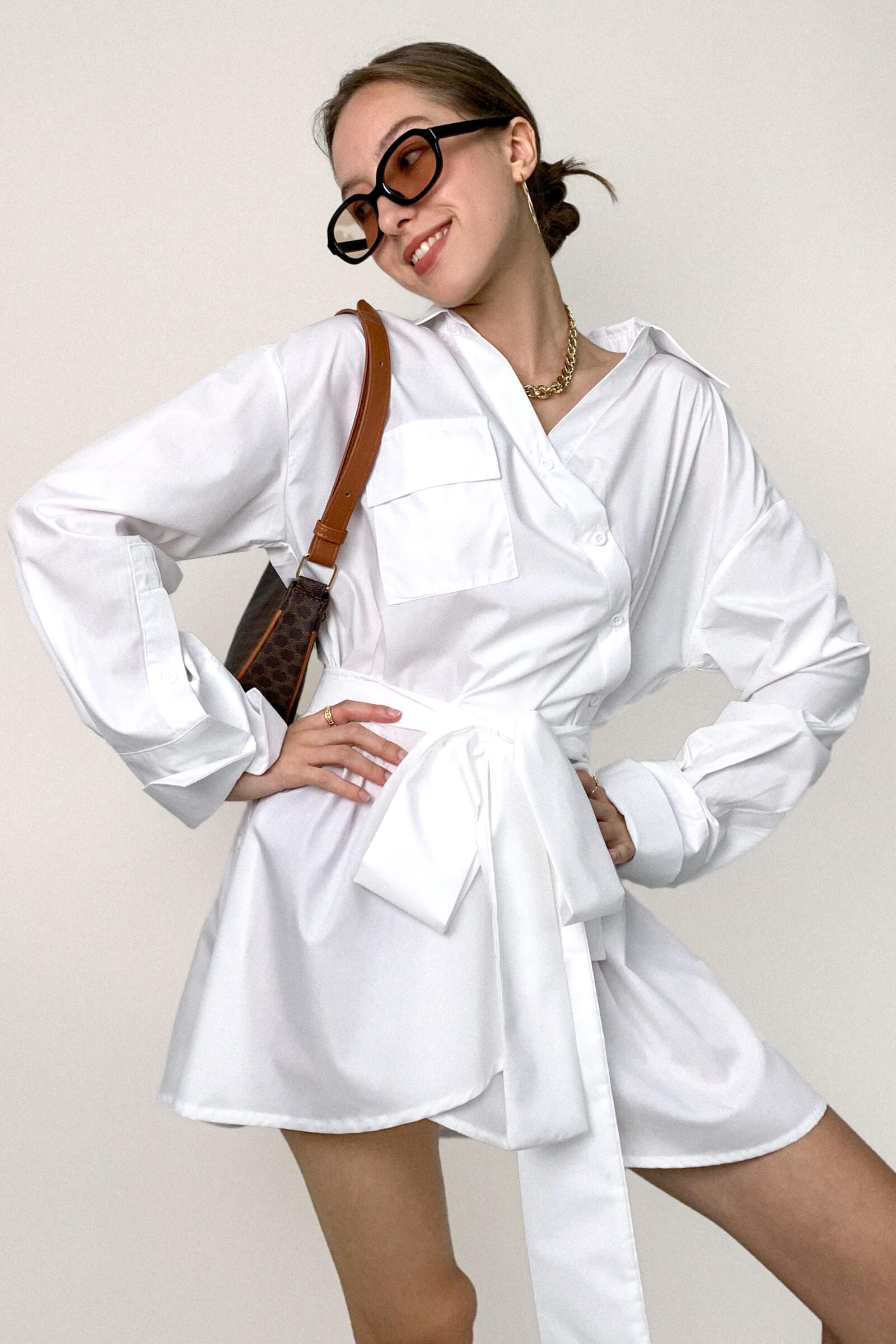 White Wrap-Effect Tie Waist Button-Up Mini Shirt Dress