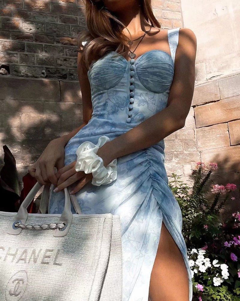 Blue Print Slit Hip Dress