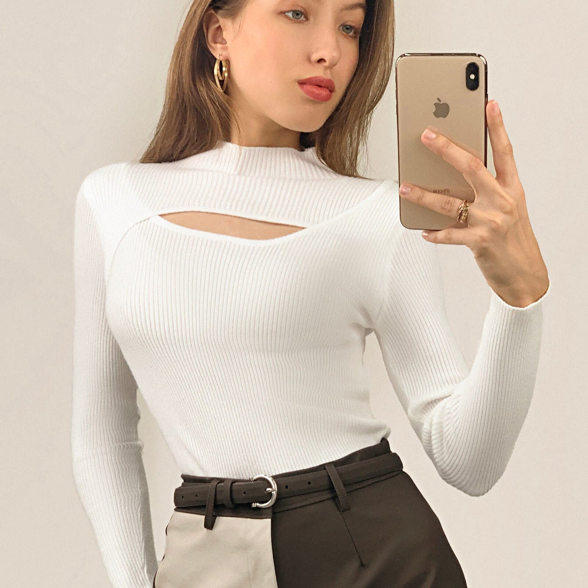 White Mock Neck Front Cut Out Ribbed Knit Sweater