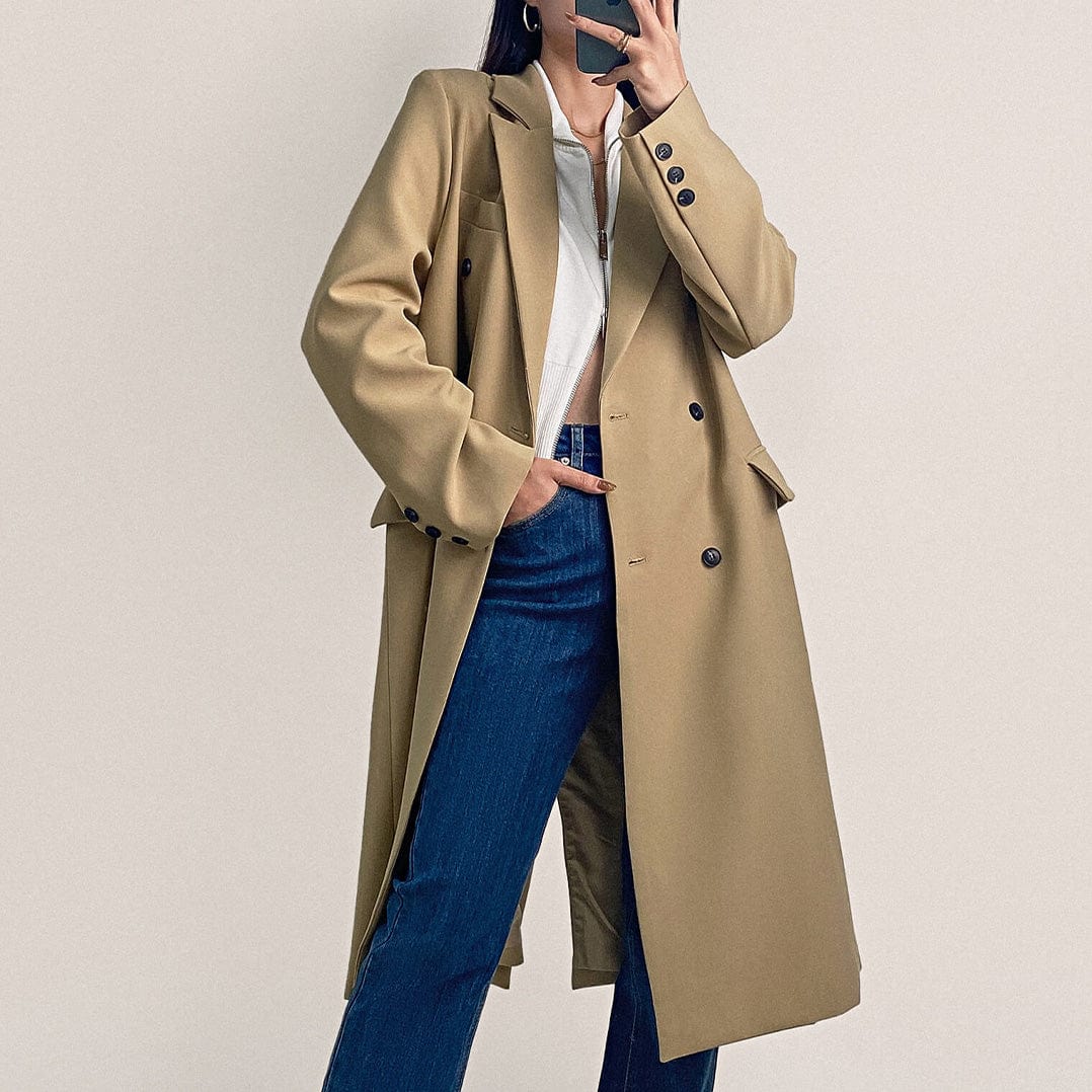 Khaki Padded Shoulder Double-Breasted Longline Coat