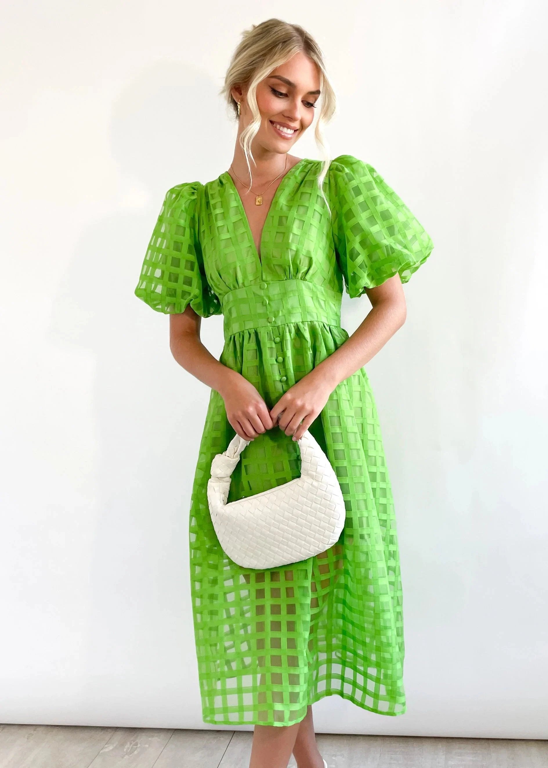 Beautiful square pattern fabric puff sleeve midi