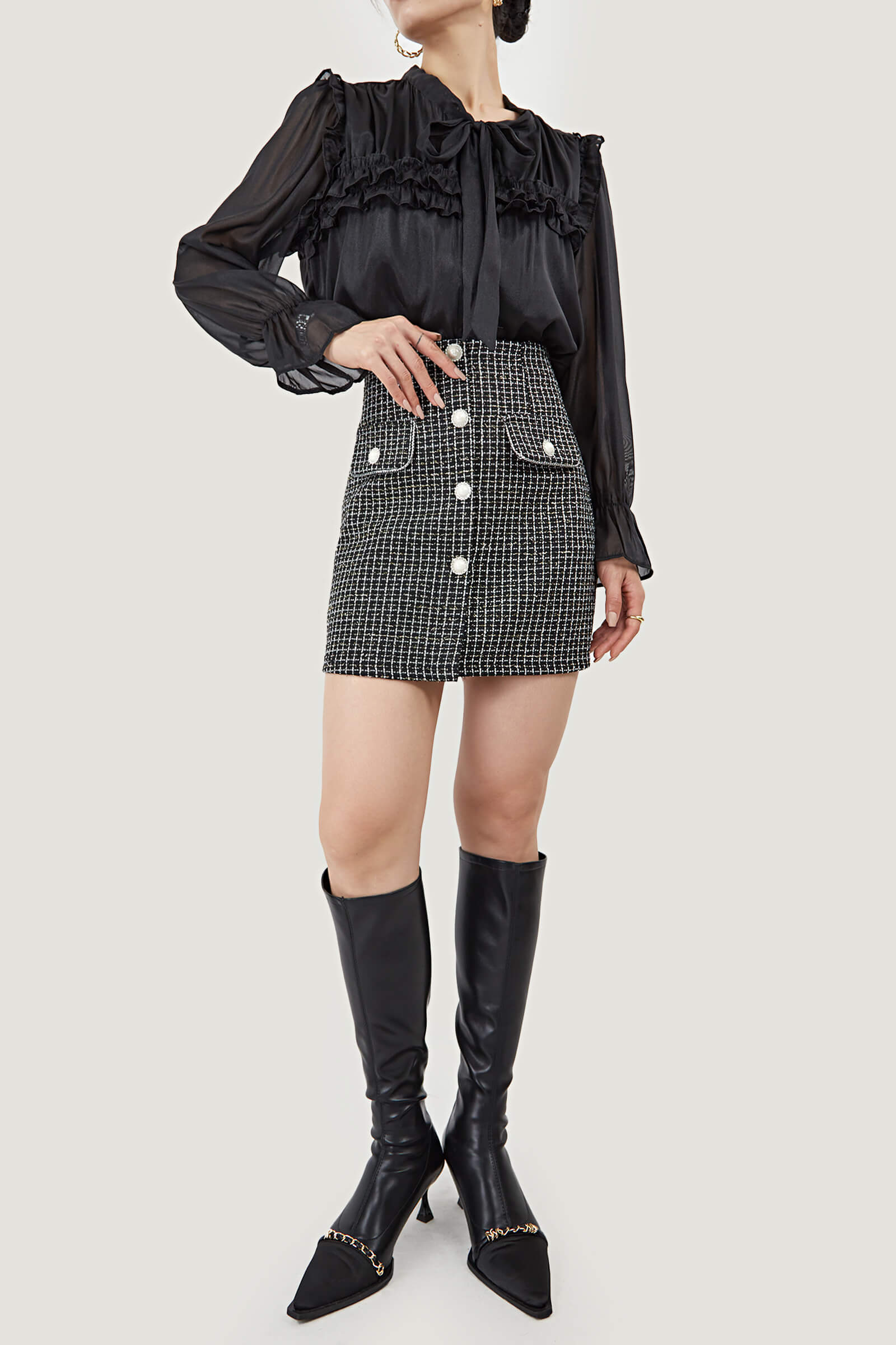 Tie-Neck Ruffle Pleated  Blouse