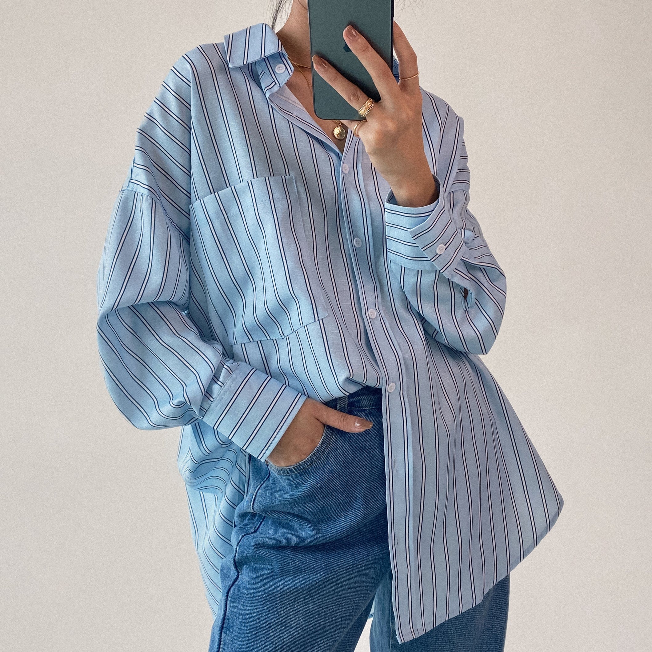 Light Blue Striped Pocket Button-Up Long Sleeve Shirt
