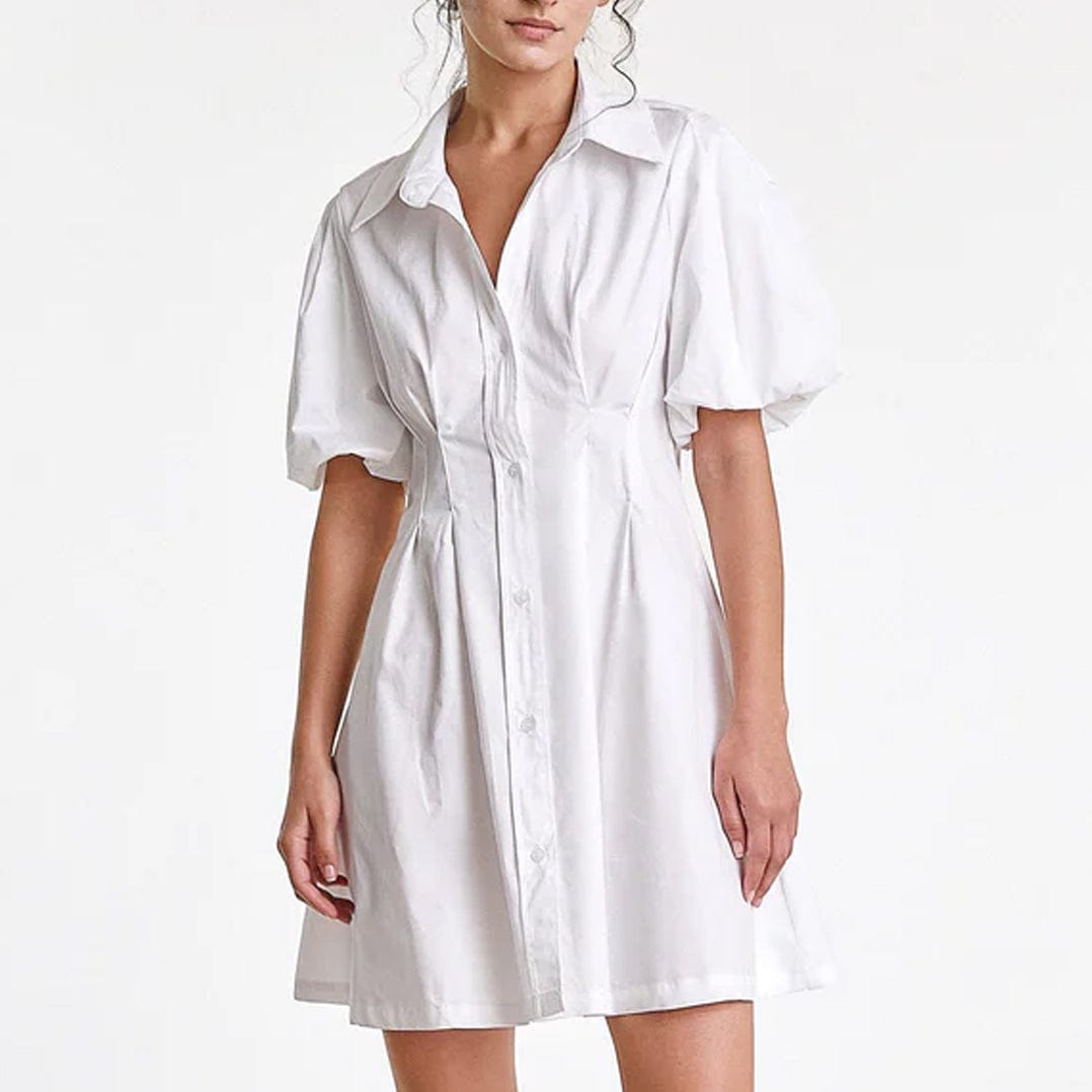 White Fitted Waist Puff Sleeve Shirt Dress