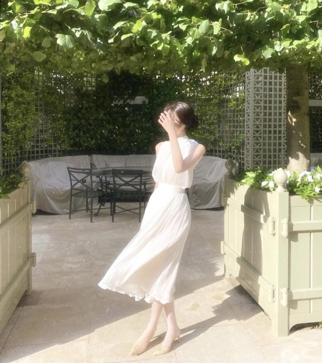 White Sleeveless Pleat Detail Spaghetti Strap Midi Dress