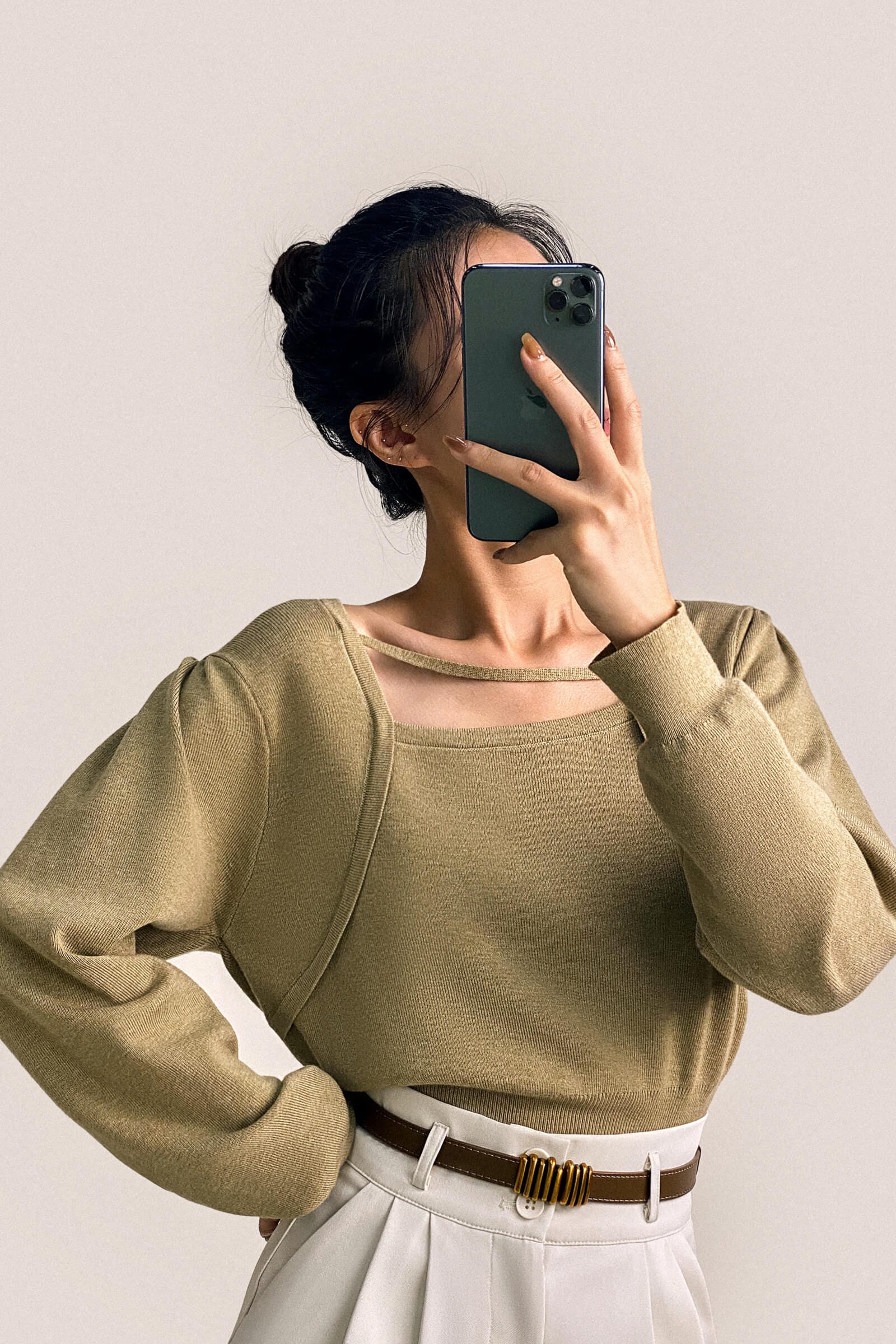 Dark Khaki Wool-Blend Strap Detail Asymmetric Neck Sweater
