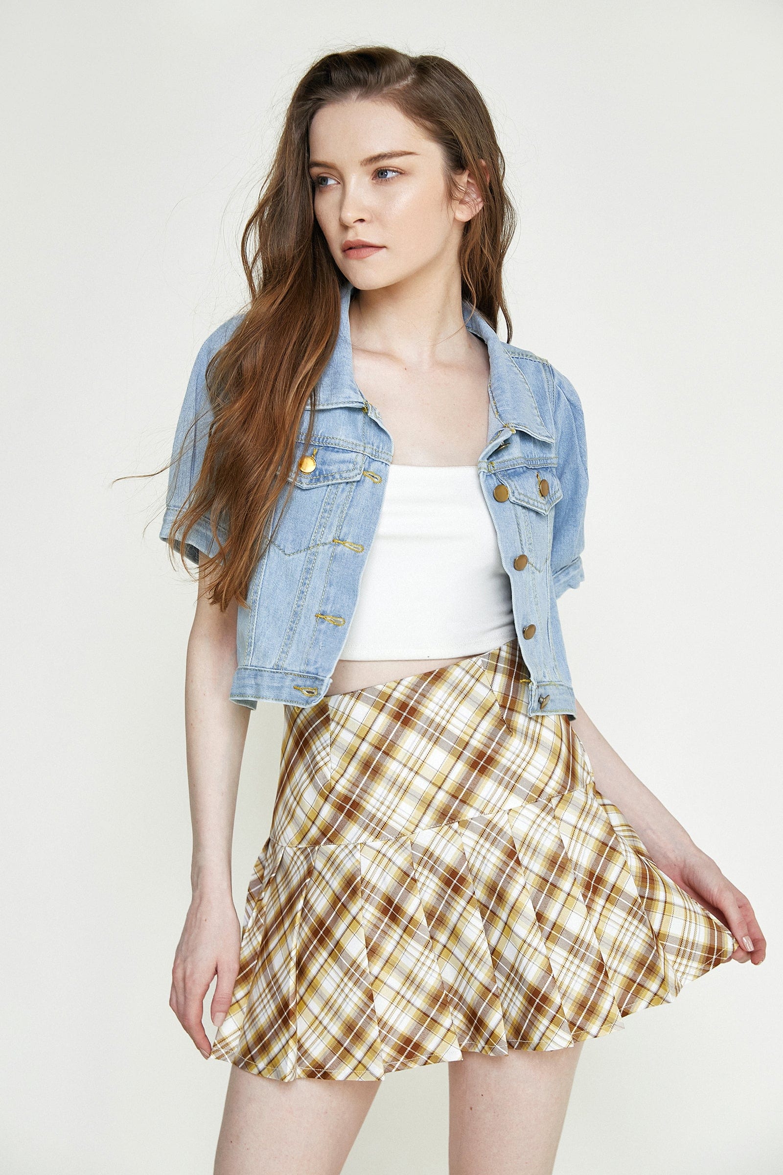 Light Slate Gray Puff Sleeve Pocket Detail Cropped Denim Jacket