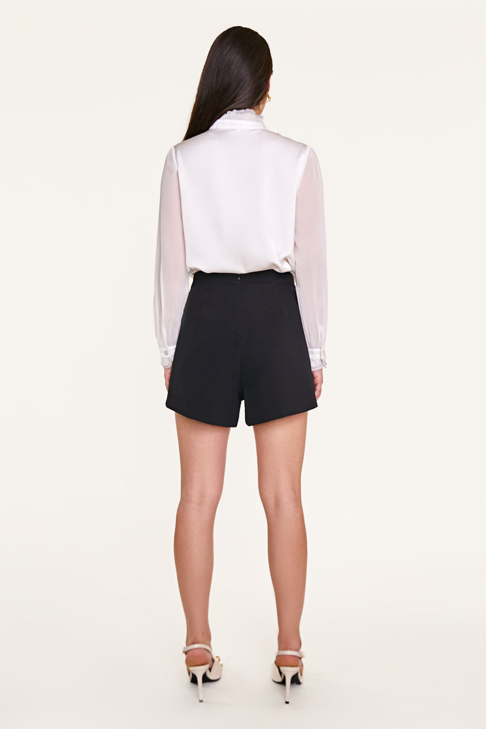 White High Neck Ruffle Detail Button-Up Work Shirt