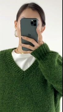 Dark Olive GreenFuzzy Knit V-Neck Oversized Sweater