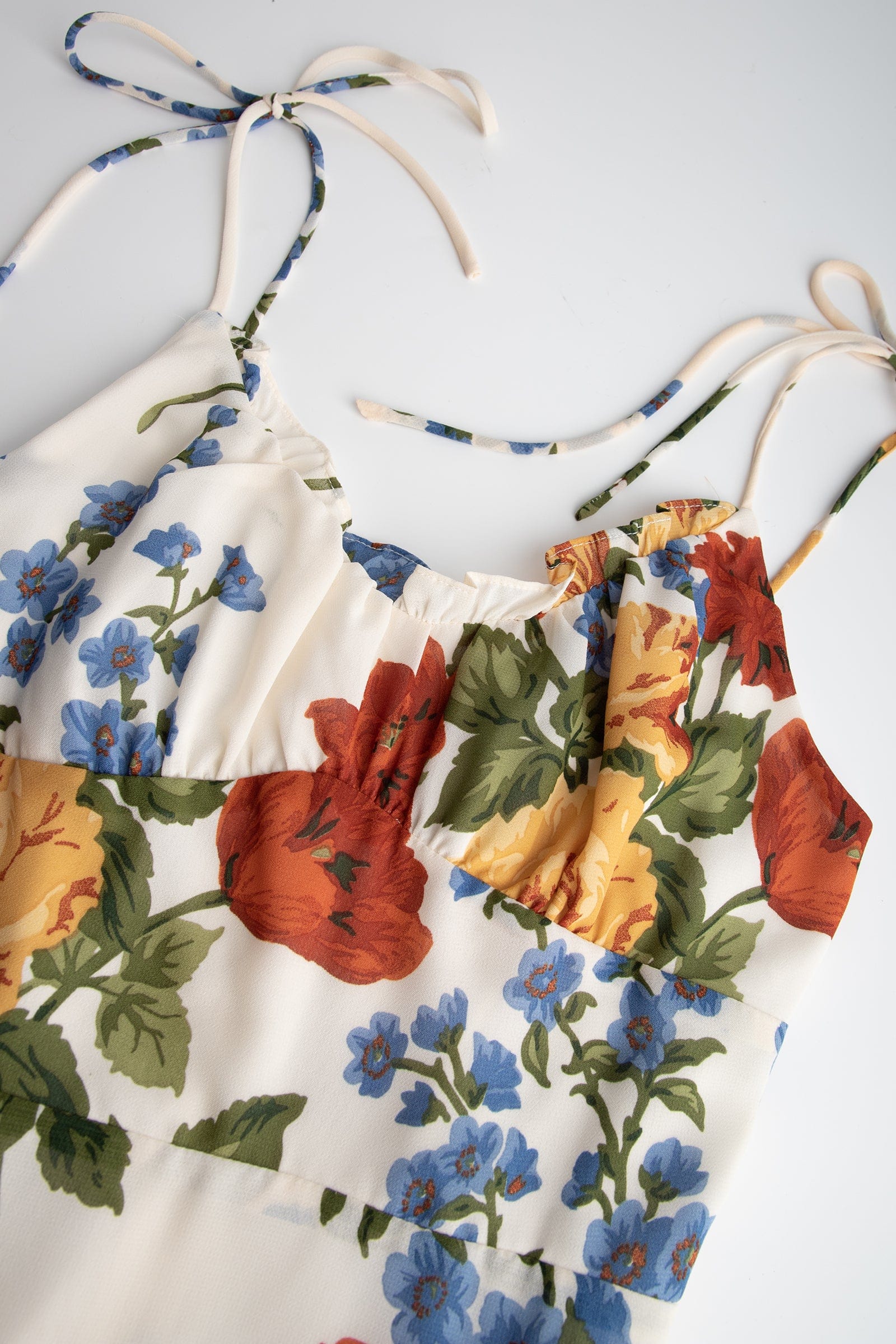 Ivory Floral Print Tie Strap Ruffled Hem Mini Dress