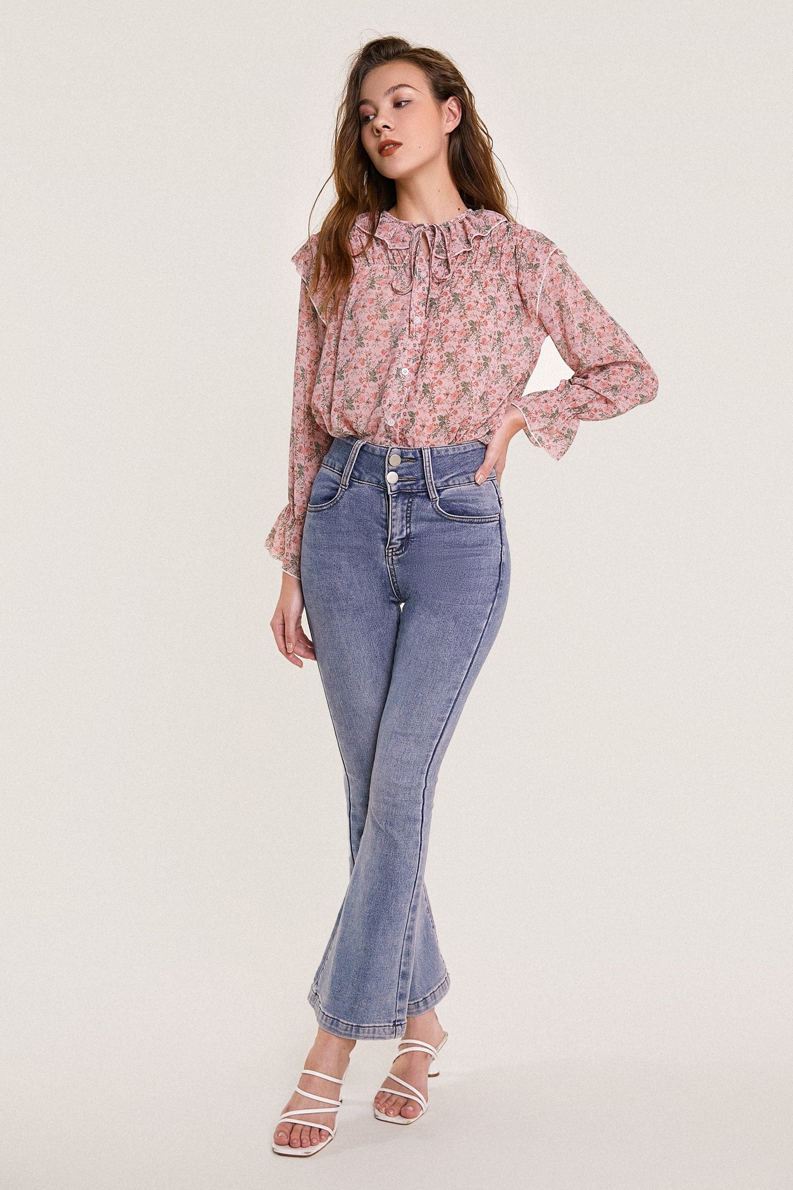 Pink Floral Print Tie Detail Ruffled Chiffon Blouse