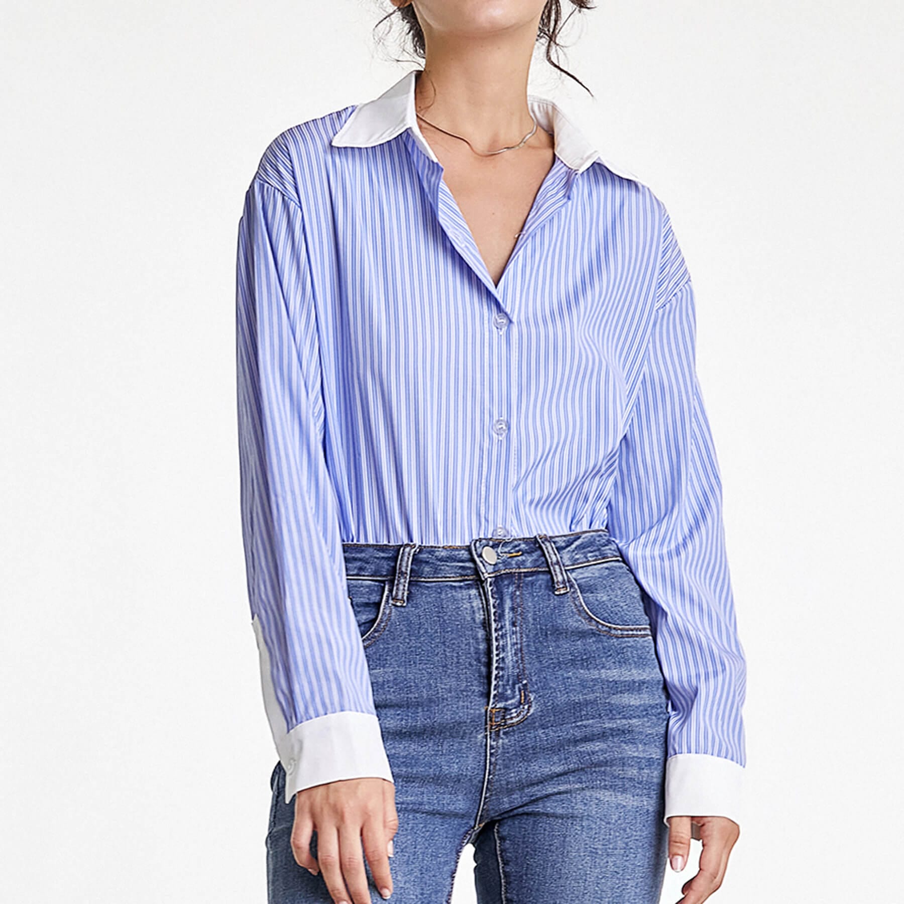 Cornflower Blue Contrast Striped Longline Shirt