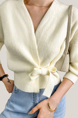 Ivory Ribbed Knit Wrap Tie Side Cardigan
