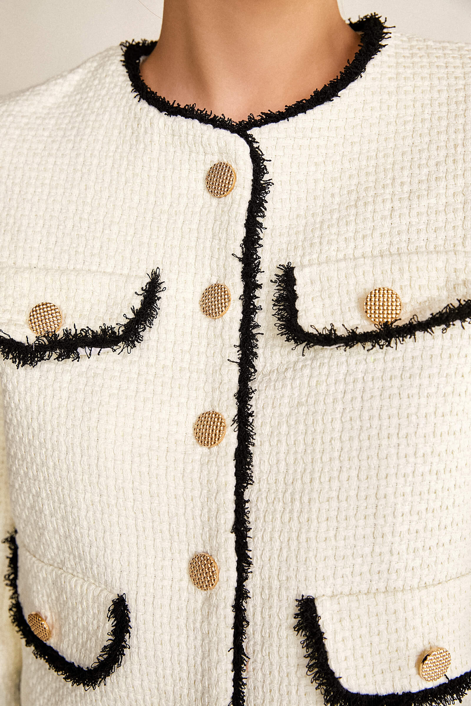 White Contrast Frayed Trim Tweed Jacket & Mini Skirt Two-Piece Set