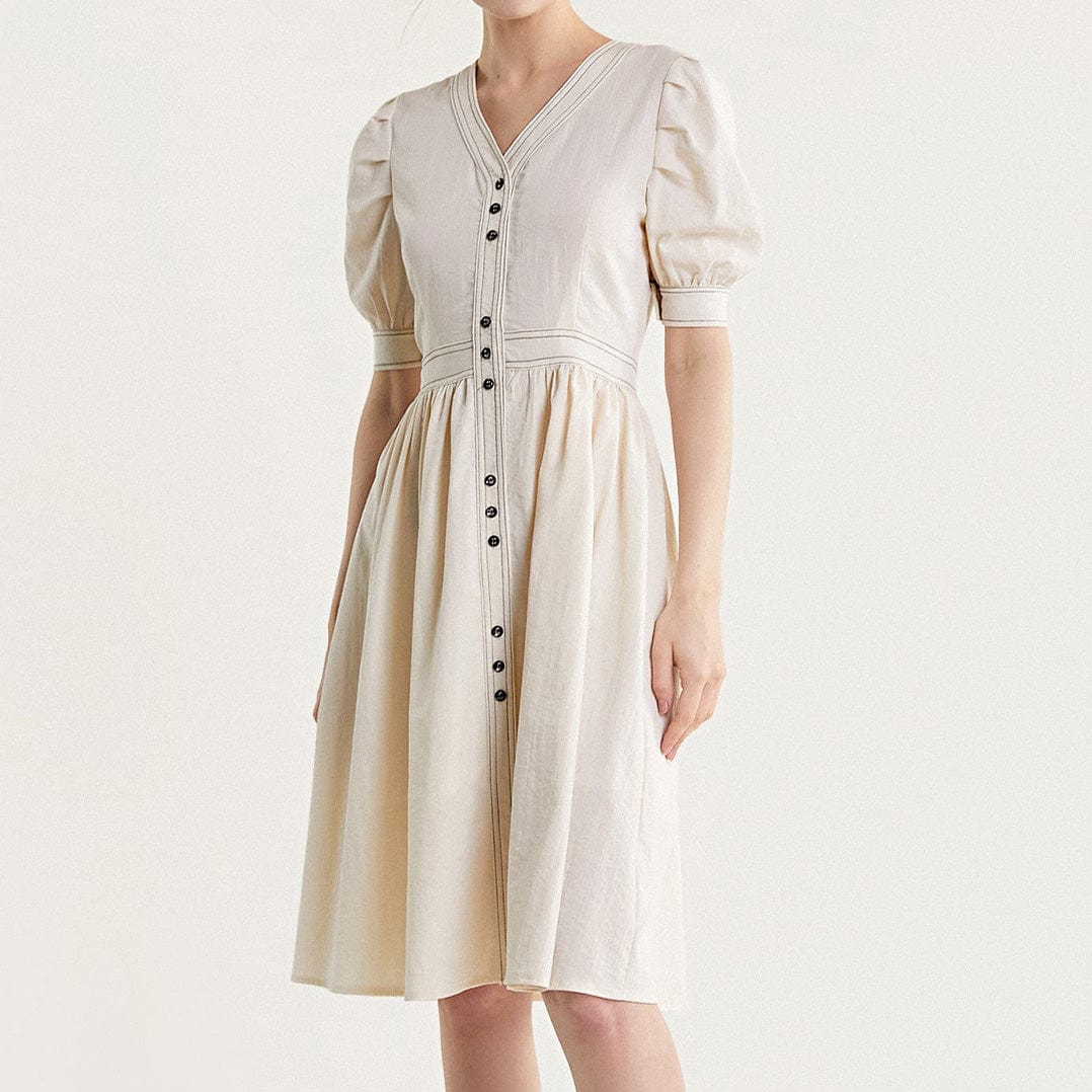Ivory Contrast Stitch Lantern Sleeve V-Neck Midi Dress