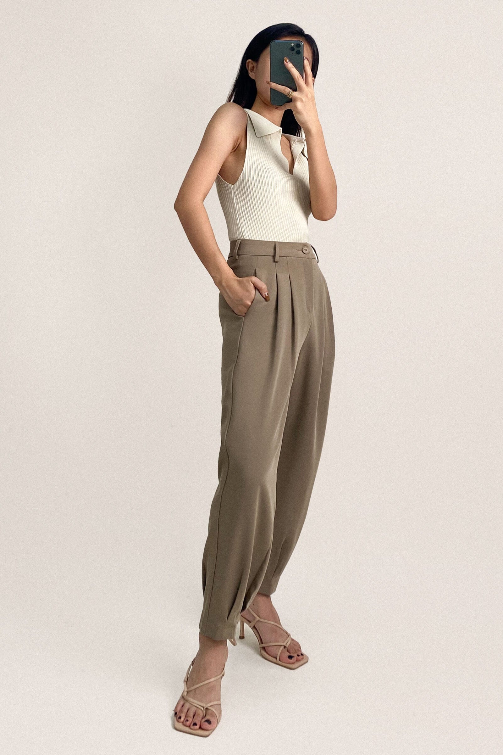 Tan Barrel Leg High Rise Pants