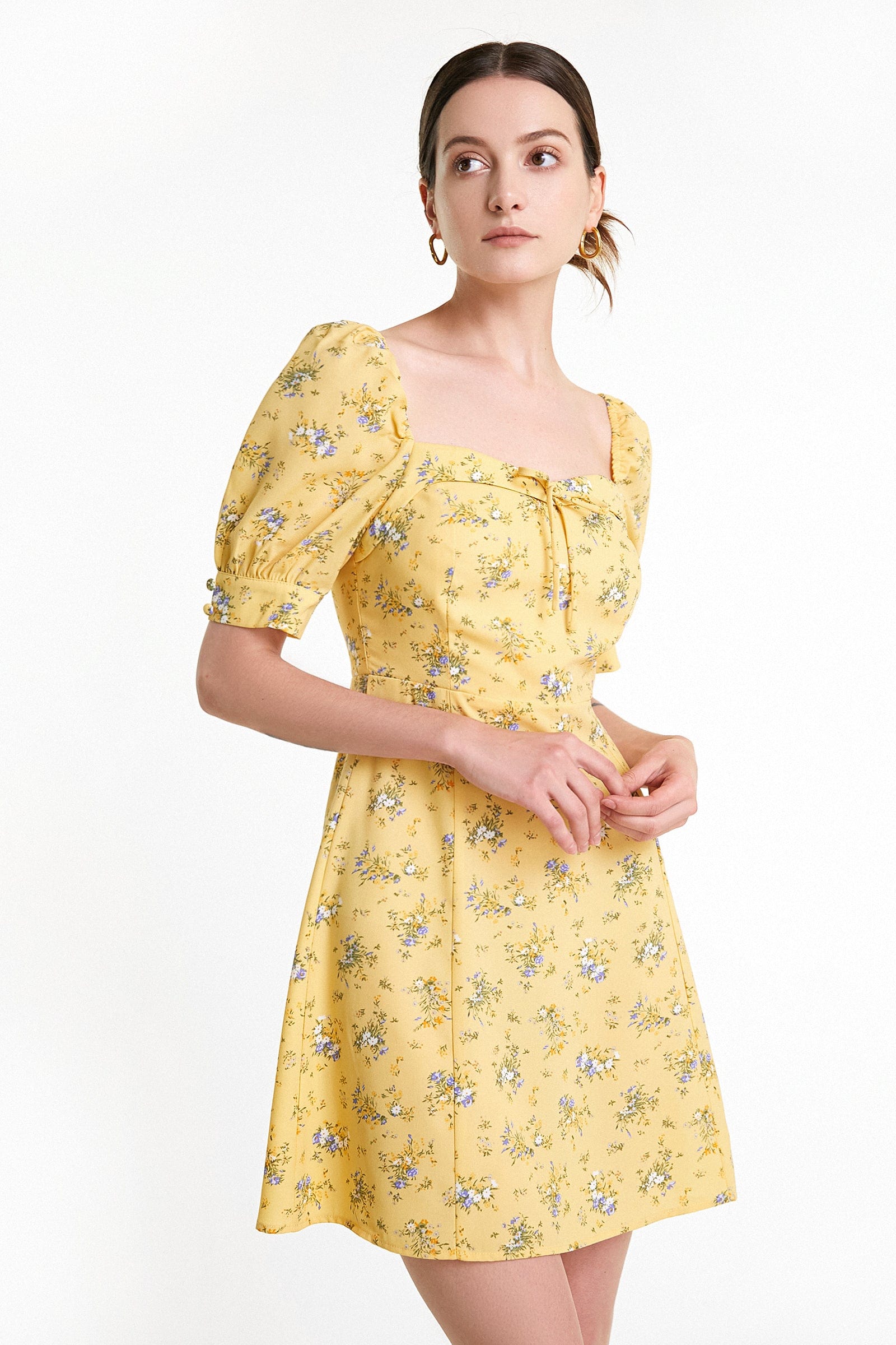 Yellow Floral Print Smocked Tiered Hem Mini Dress