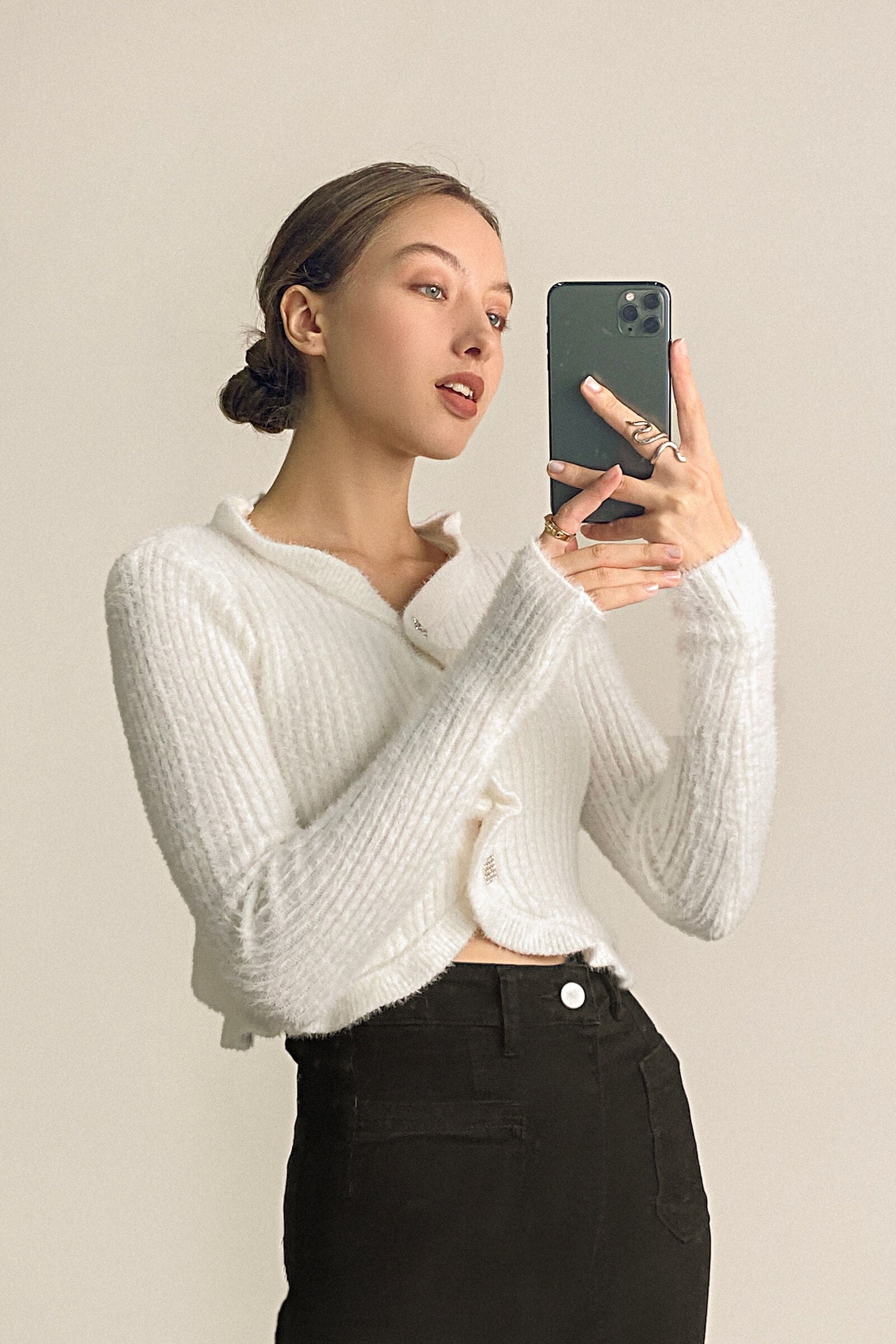 White Ruffle Trim Ribbed Knit Fitted Cardigan