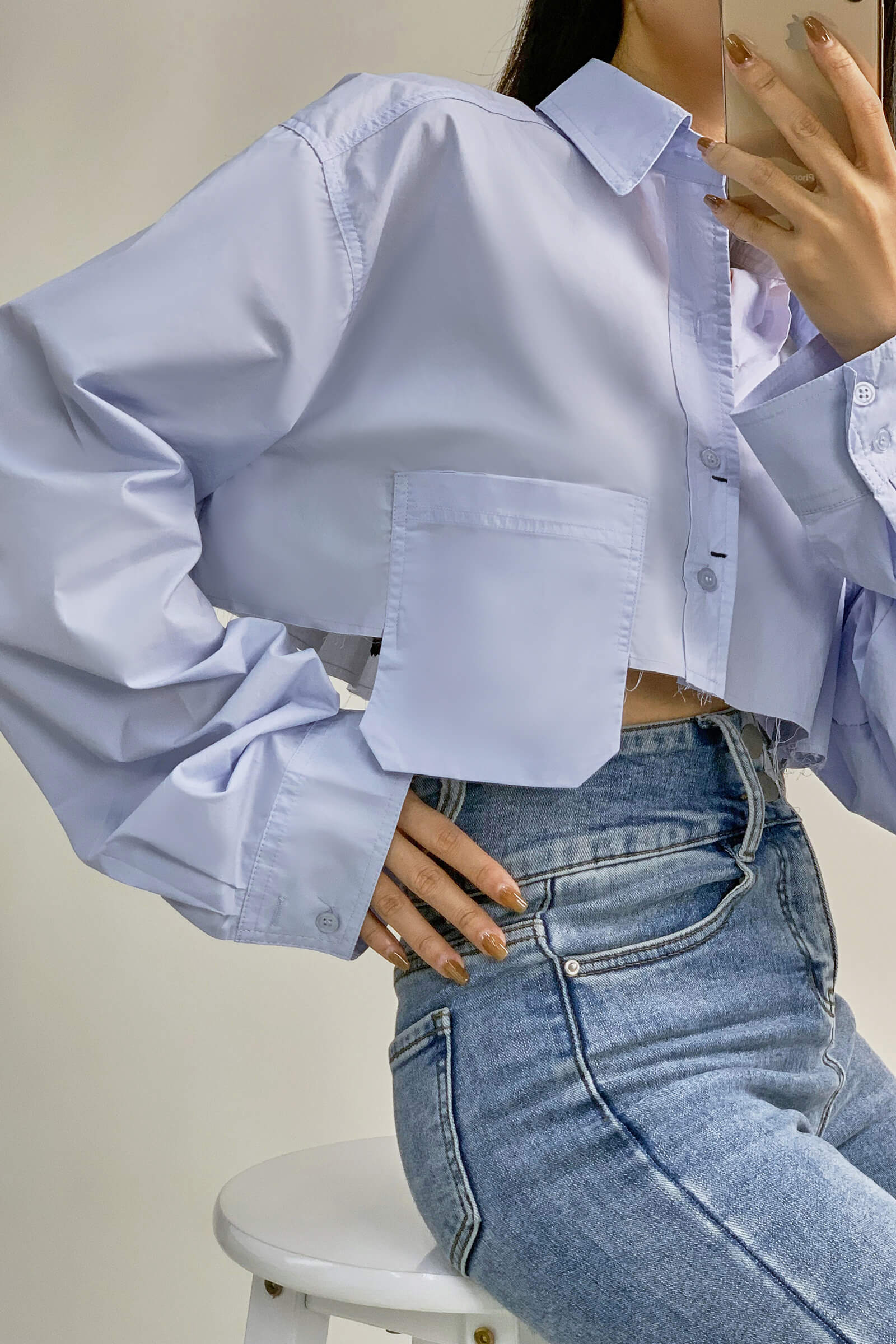 Light Blue Pocket Detail Cropped Shirt