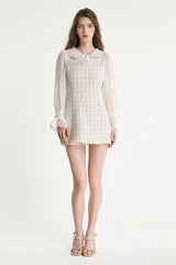 White Mesh Yoke Tweed Mini Dress
