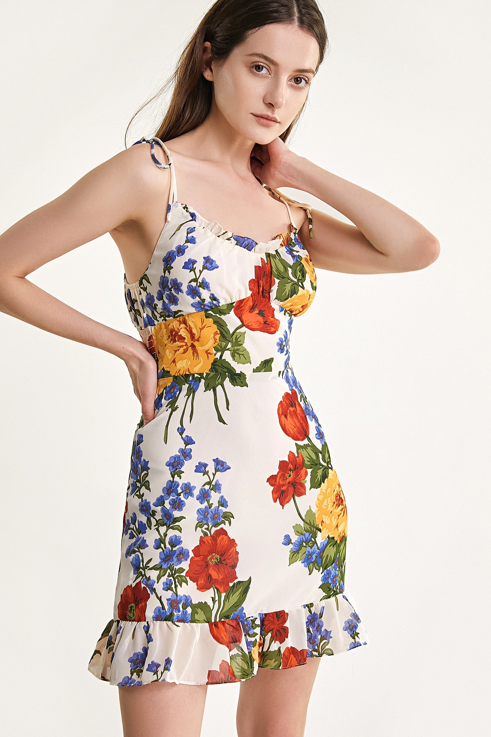 Ivory Floral Print Tie Strap Ruffled Hem Mini Dress