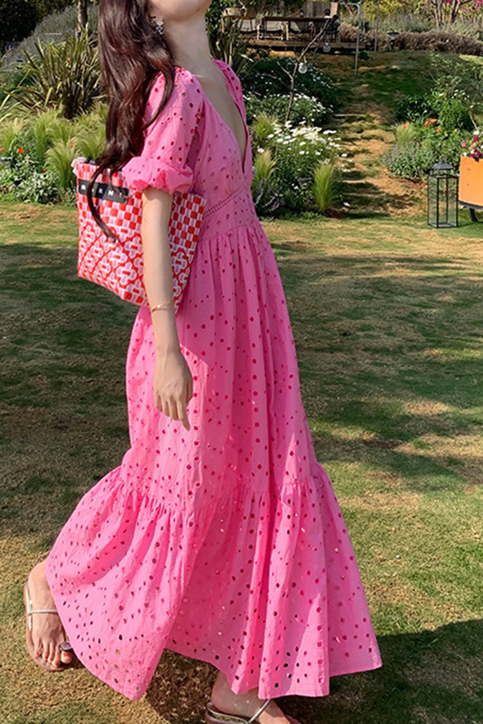 Hot Pink V Neck Balloon Sleeve Eyelet Maxi Dress