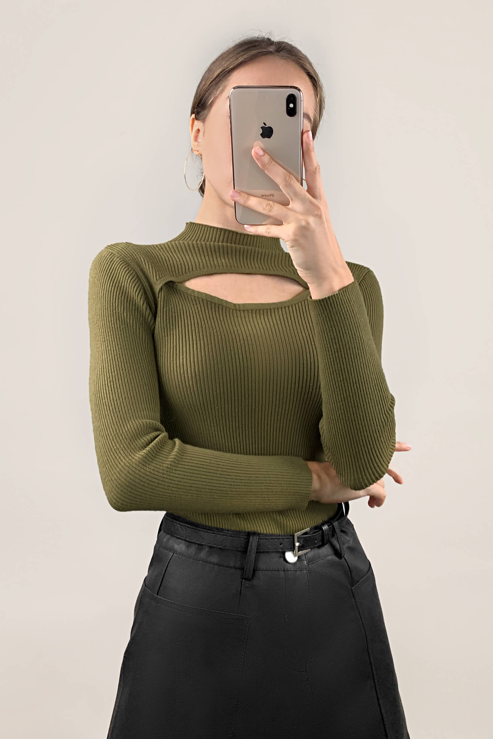 Olive Mock Neck Front Cut Out Ribbed Knit Sweater