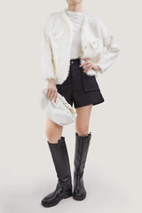 White Patched Pocket Frayed Trim Cardigan